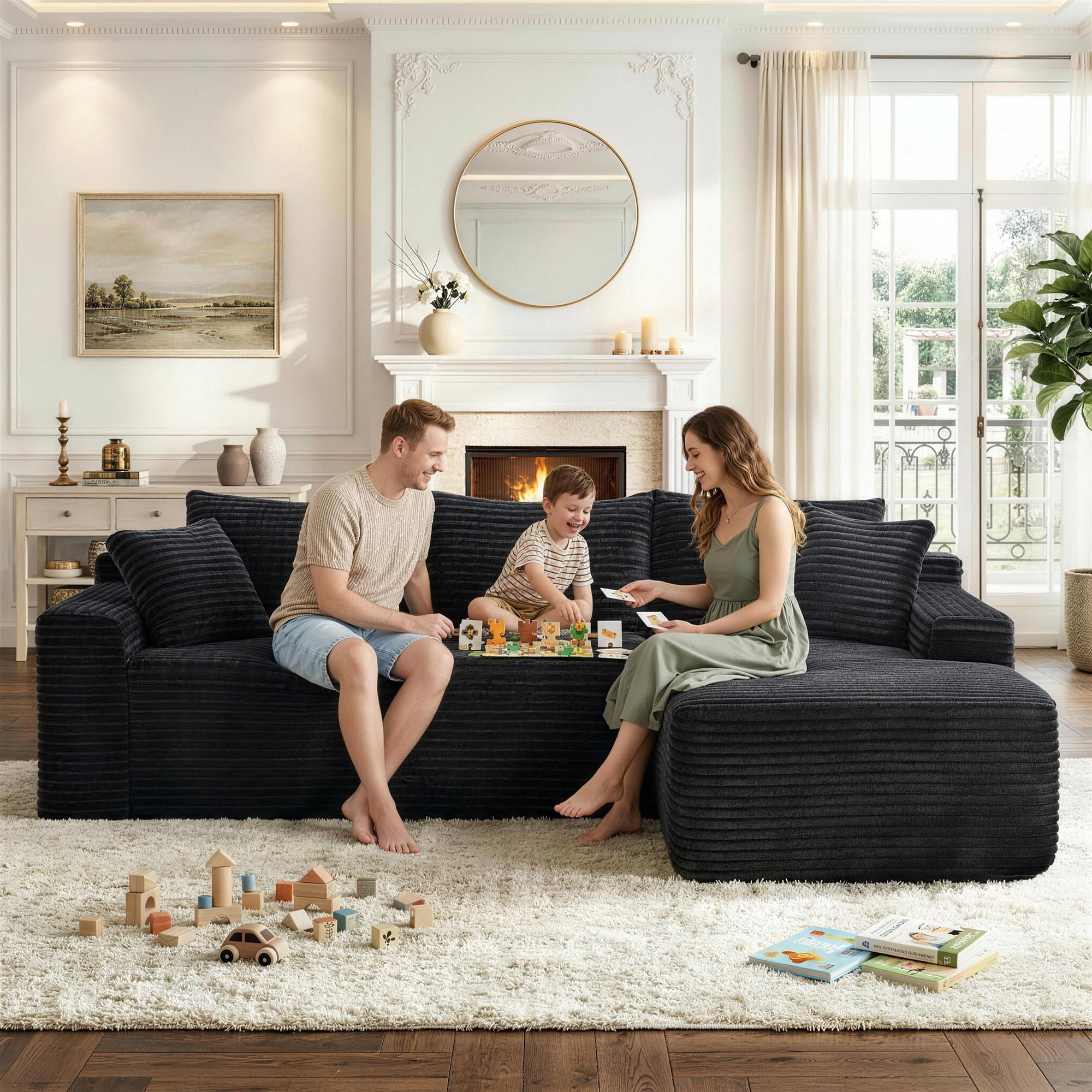 Aukfa 96" L-Shaped Cloud Sectional Sofa, Modular Boneless Couch with Deep Seat&Right-Facing Chaise for Living Room, Corduroy, Black