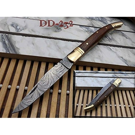 8.6 hand forged Damascus steel Laguiole Folding knife 4.1 twist patren Blade with Natural wood & brass bolster scale Leather sheath included