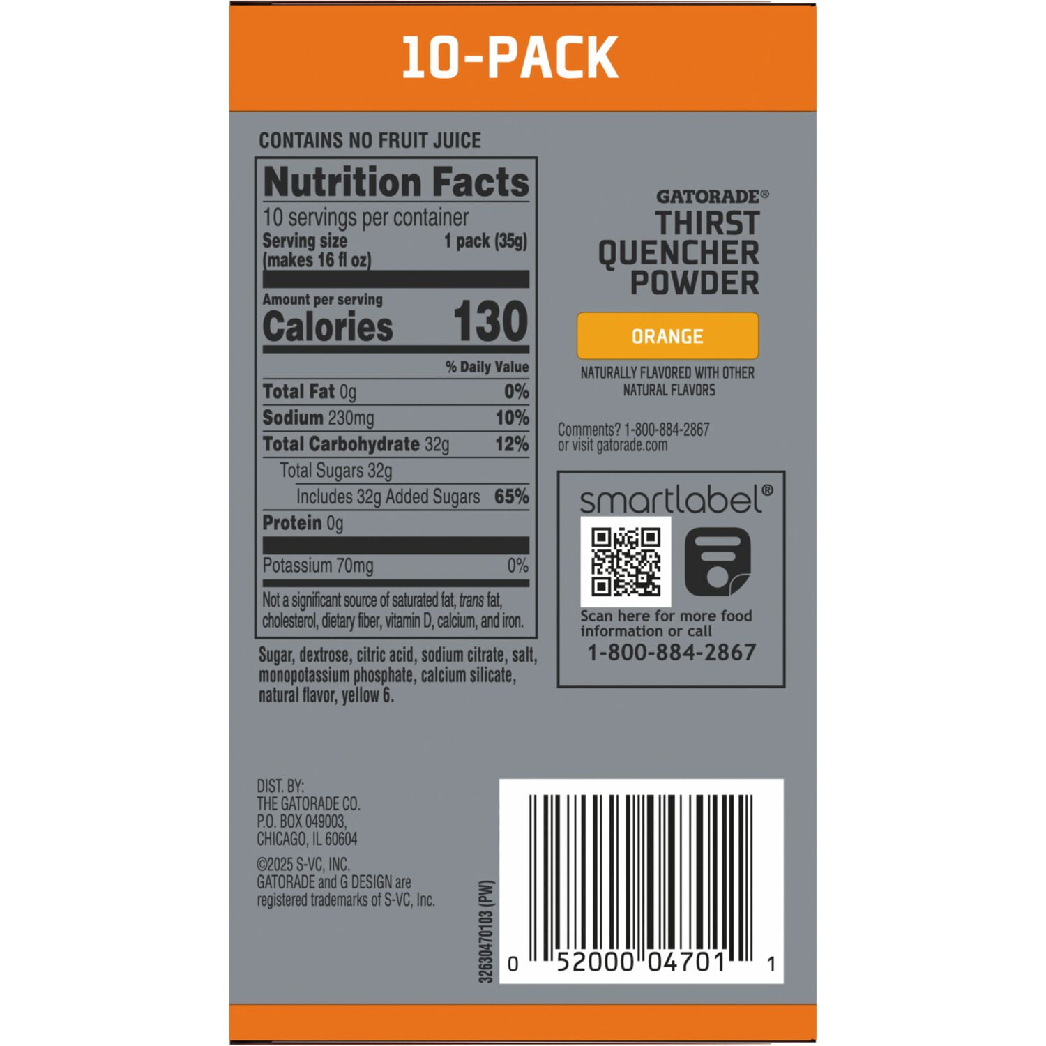 Gatorade Thirst Quencher Orange Sports Drink Mix Powder, 1.23oz, 10 Count Packets