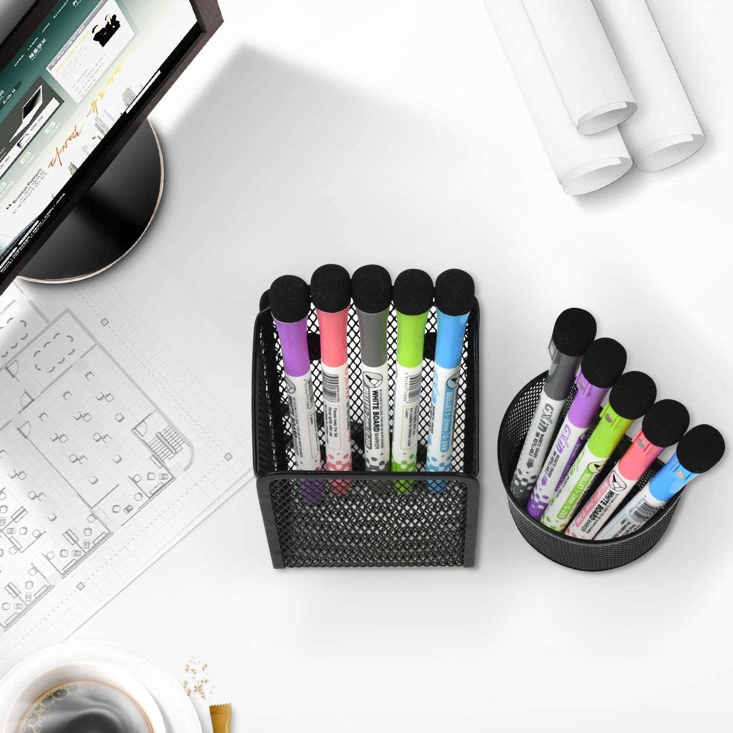 Casewin 4 Pack Magnetic Pencil Holder, Magnetic Marker Holder, Mesh Storage Baskets with Magnets, Mesh Pen Holder for Refrigerator, Whiteboard, Locker Accessories, Office Supplies Organizers