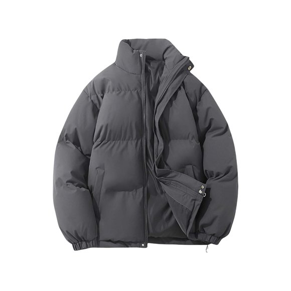 Women's Quilted Padded Jacket with Stand Up Collar,Winter Warm Lined Thickened Coat with Zip Closure,Unisex Thermal Insulated Long Sleeve Outdoor Casual Down Coat for Cold Weather Dark Gray