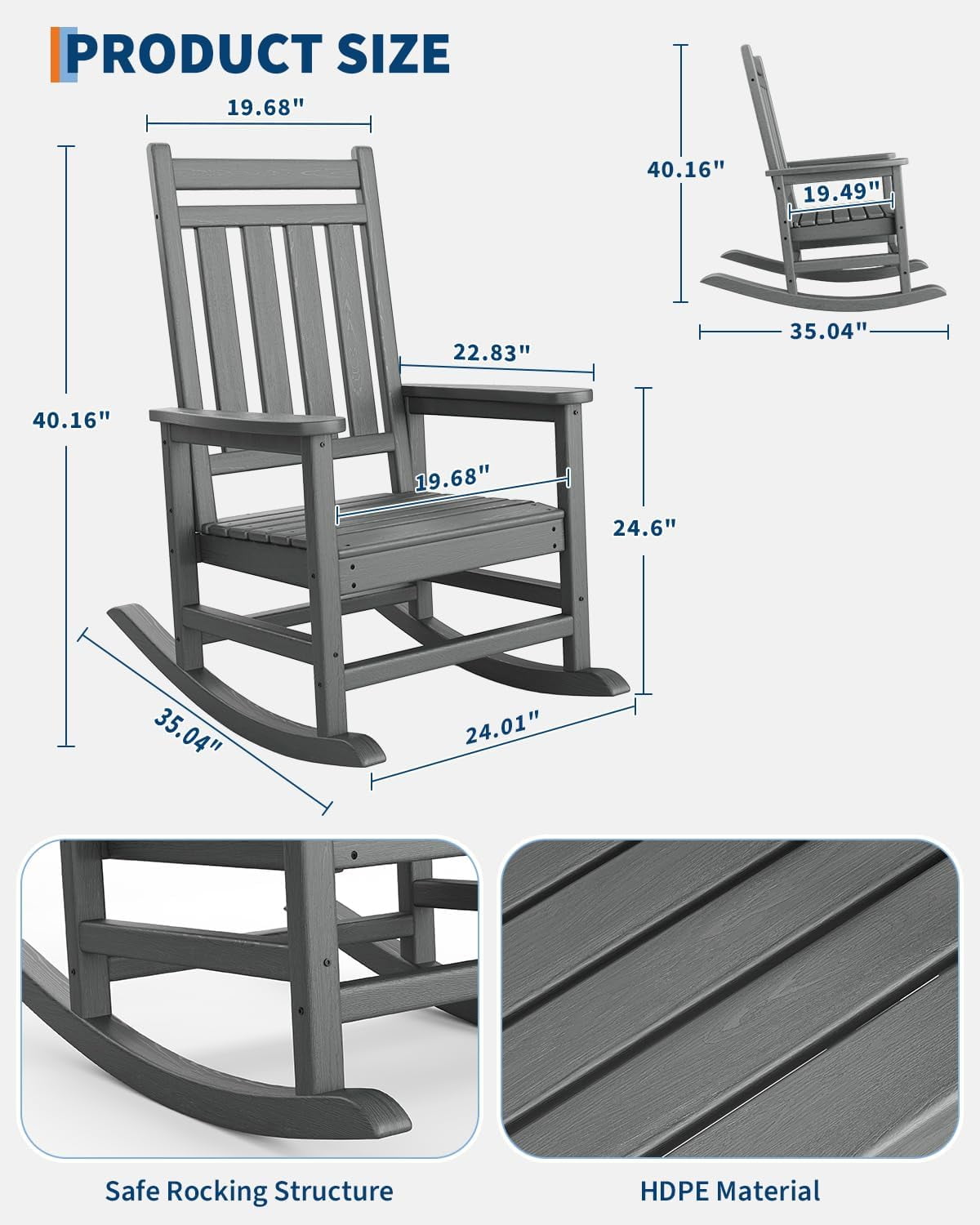 Rocking Adirondack Chair Outdoor, HDPE High Back Porch Rocker Chairs for Adults, All Weather Resistant Furniture for Patio, Gray