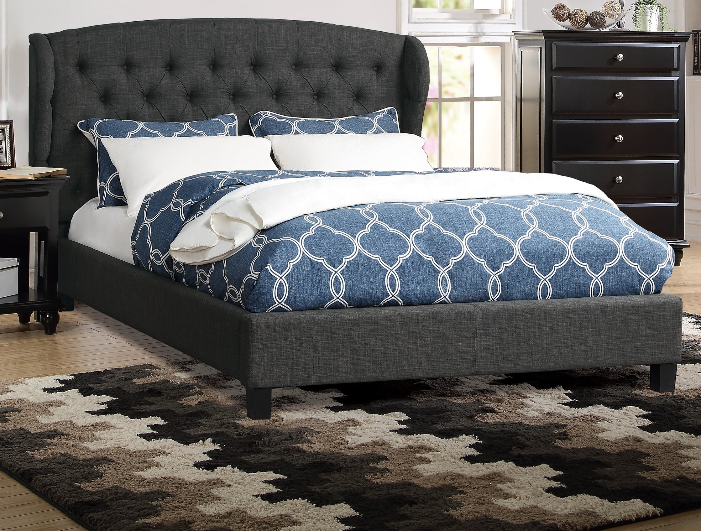 California King Size Bed Charcoal Polyfiber Bedroom Furniture 1pc Set Tufted Adjustable Headboard Wingback Com California King Size Bed Charcoal, California King Platform Bed Set