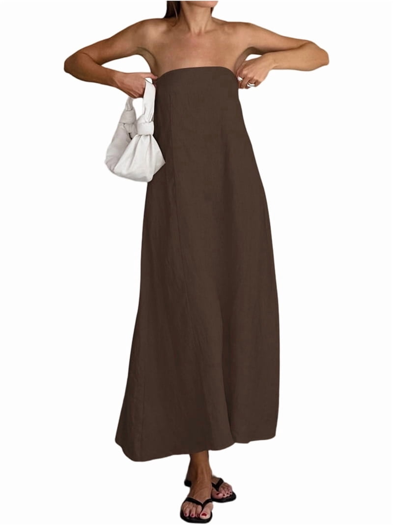 brown strapless linen dress Dress Strapless Linen Maxi Dress Linen A-Line Strapless Dress for Vacation  and Going Out Dress Brown S