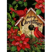 Merry Christmas Cardinal Poinsettia Garden Flag, Winter Holiday Xmas Yard Outdoor Home Decorative Small Flag, Red Bird House Flowers Outside Decoration Farmhouse Burlap Decor Double Sided 28x40 inch