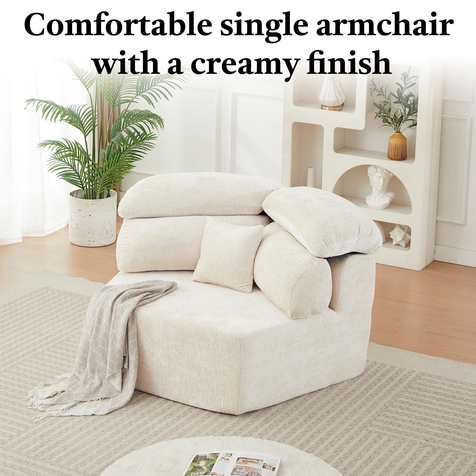 Sailvan 53" Modern Cream Modular Lounge Chair, Pentagonal Chenille Single Seater Cloud Sofa with Enveloping Pillows, Cozy Foam Armchair Beige