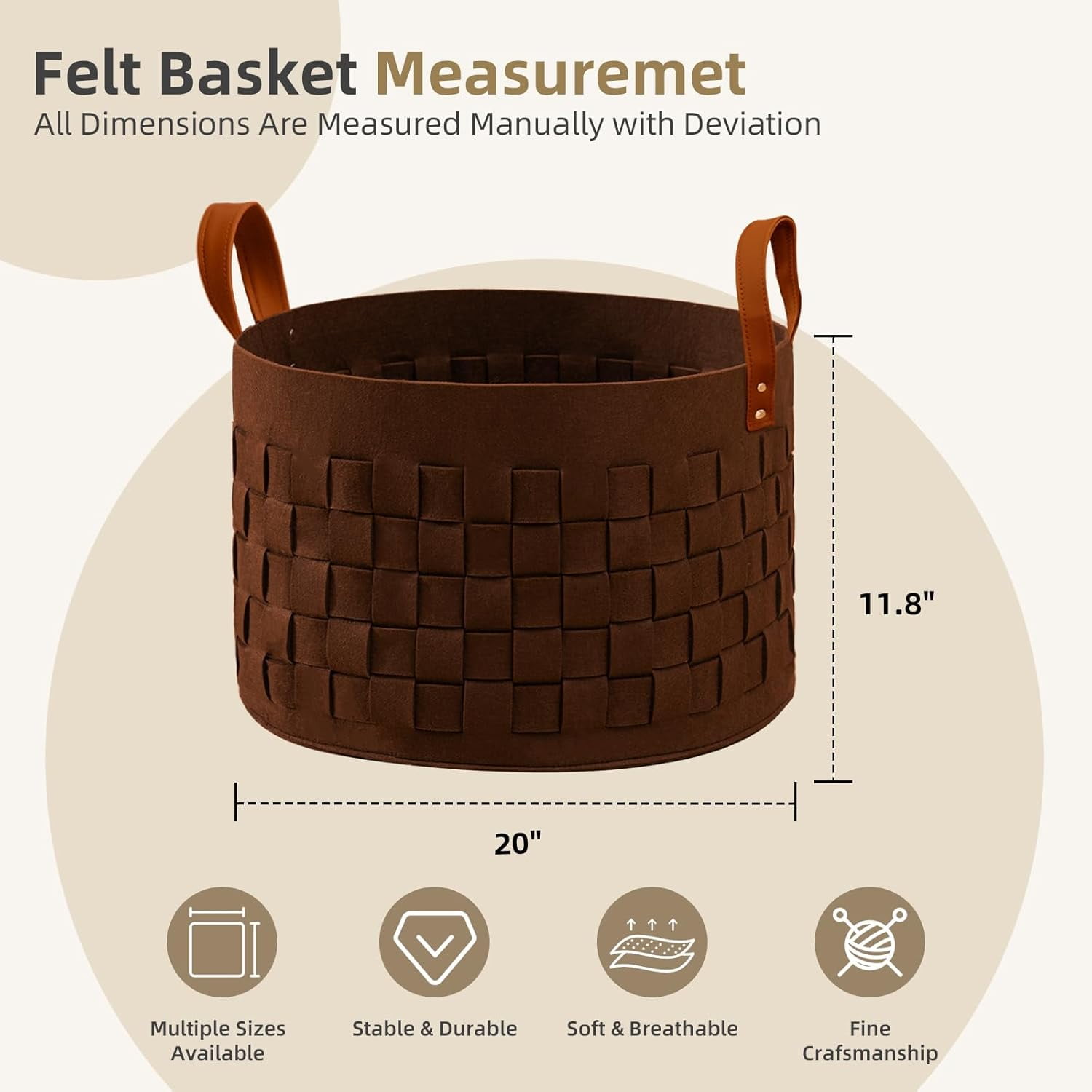 Laundry Basket 20" x20 " x11.8 ", Large Felt Fabric Blanket Basket with Leather Handle, Dirt Clothes Laundry Hamper Round for Babies, Dogs and Living Room-Brown