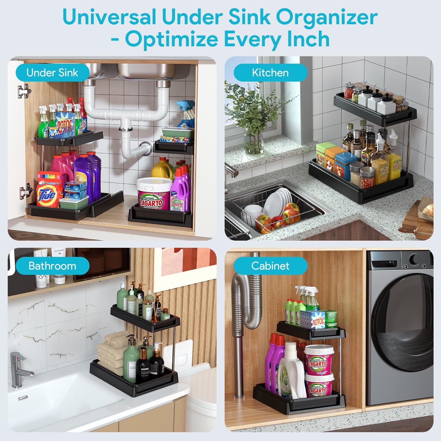 2-Tier Under Sink Organizers and Storage, Sliding L-shape Under Bathroom Kitchen Cabinet Organizers Narrow Space Sink Organizer