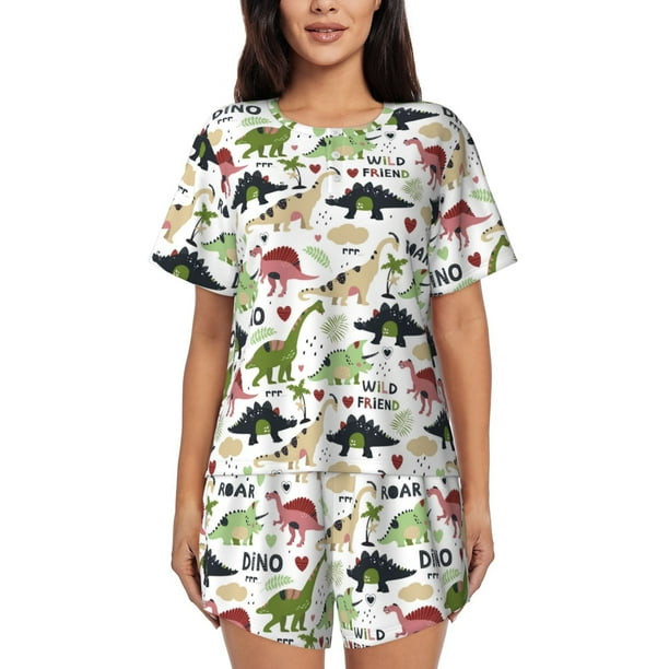 Balery Dinosaur Conjunto de Pijama para Mujer con Estampado, Dos Piezas de Manga Corta y Shorts, Ropa de Dormir Suave con Cuello Redondo y Bolsillos-Small