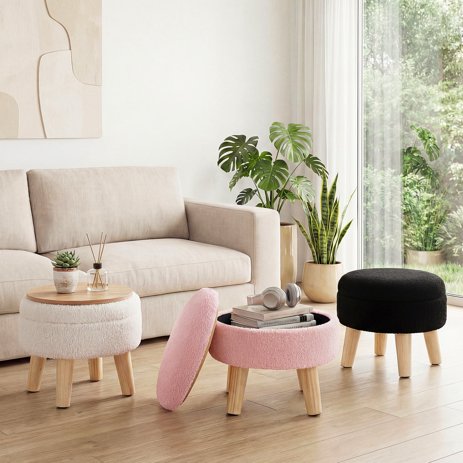 CONCETTA Round Storage Ottoman with Soft Padded Seat, Teddy Velvet Footstool with Wood Legs, Accent Ottoman for Living Room & Entryway,Black