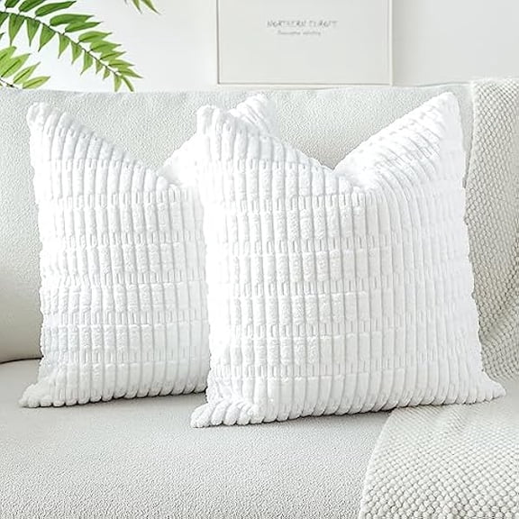 Eryueer Set of 2 Corduroy Soft Striped Cushion Covers 45x45 cm Decorative Throw Pillow Covers Square Cushion Case Home Boho Decor Pillow Cases for Couch Sofa Bedroom 18x18 Inch (White)