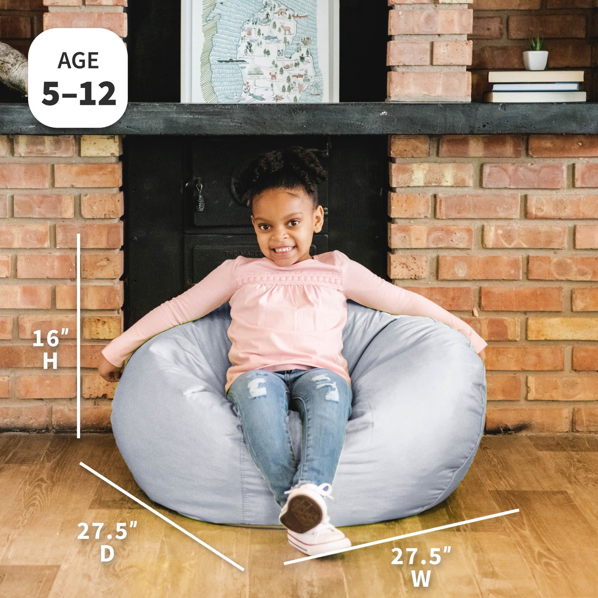 Big Joe Classic Kids Bean Bag Chair, 2 ft Round, Gray, Easy-Clean SmartMax Fabric, Refillable with Built-in Handle