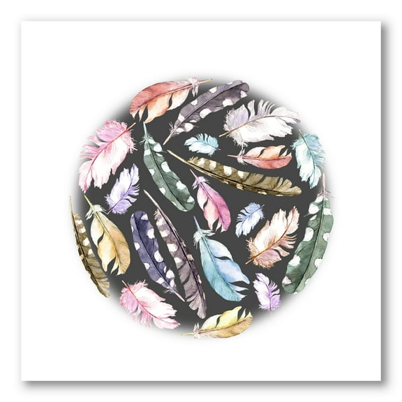 Designart ' Colorful Boho Feathers In Circle Shape ' Bohemian & Eclectic Canvas Wall Art Print