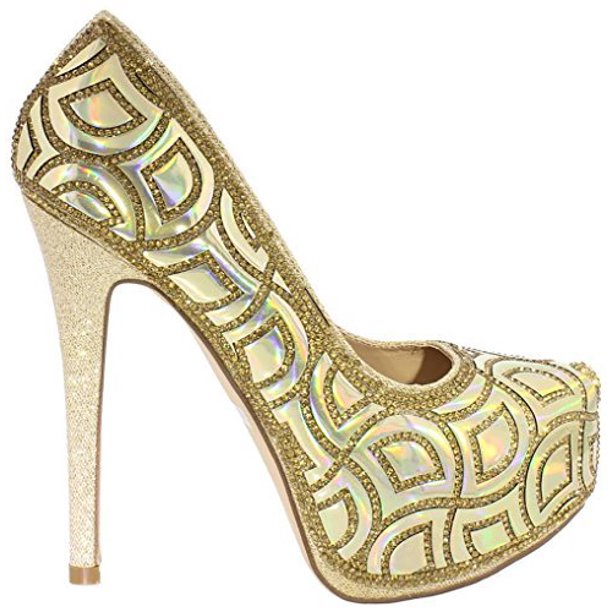 Shimmer Gold Glitter Rhinestone Almond Toe Stiletto Heel Pumps Women's