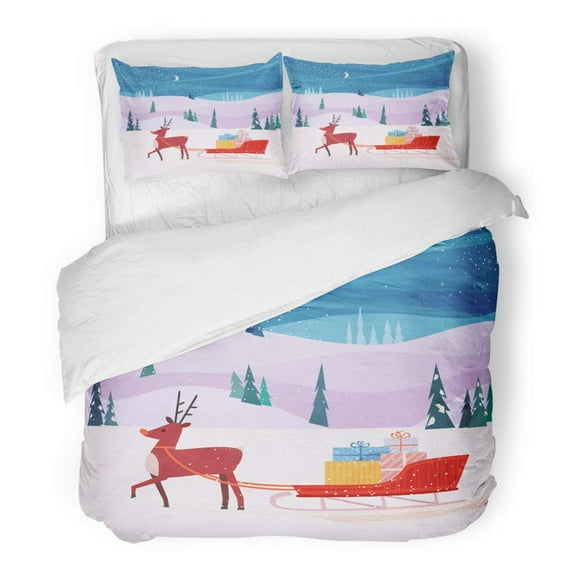 RYLABLUE 3 Piece Bedding Set Santa Sleigh and Deer Cheerful Reindeer Christmas Snow Sledge Boxes Colorful Twin Size Duvet Cover with 2 Pillowcase for Home Bedding Room Decoration