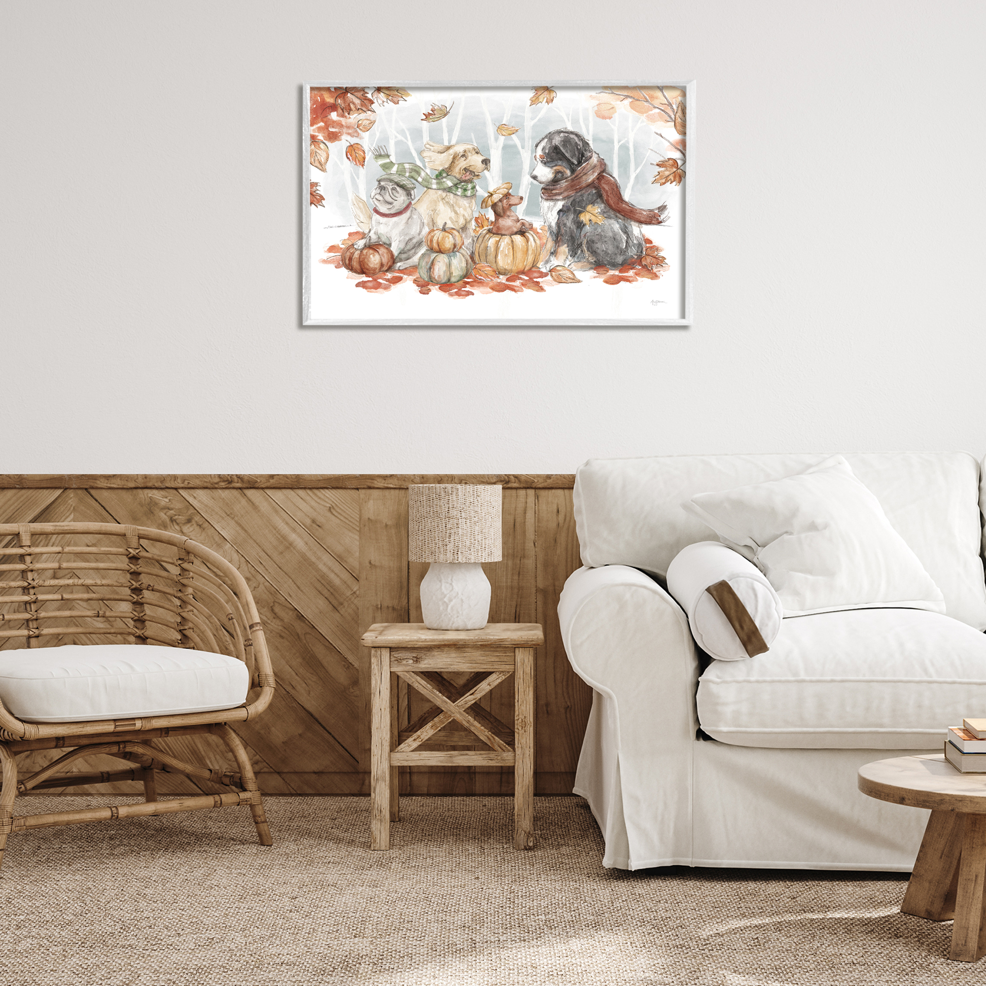 Stupell Industries Autumn Fun Dogs Holiday Painting White Framed Art Prints Wall Art, 30 x 20