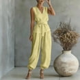 thumbnail image 6 of Women's Summer 2 Piece Outfits Sleeveless V Neck Belted Crop Tops Wide Leg Pant Sets Casual Tracksuit Yellow, 6 of 7