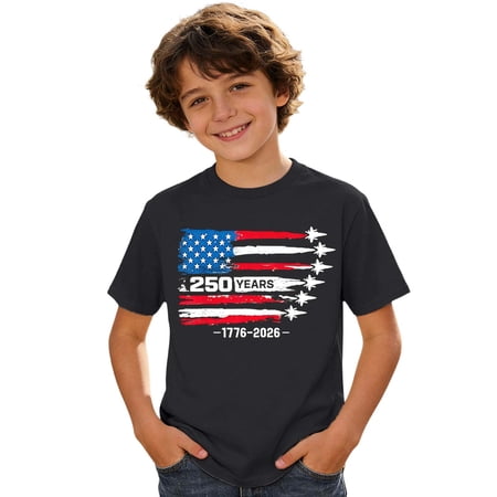Ruiwill Toddler Boys Shirts 4Th Of July Stretchy 1776-2026 250Th Anniversary Usa Flag Print Tees Short Sleeve Crew Neck Summer Independence Day Kids Tshirts Size 4-5 Years Black