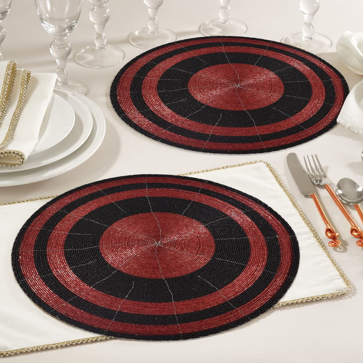 Beaded Placemats Set of 16 for Dining Table, Table Placemats, 14 Inches Round - Black Red