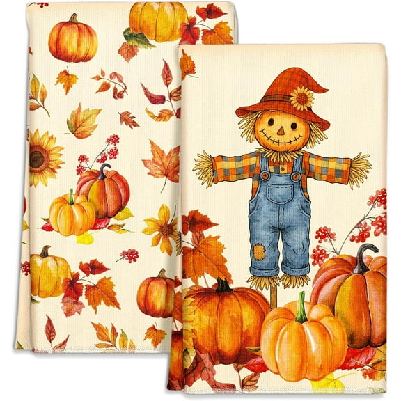 Fall Kitchen Towels Set of 2 - Fall Kitchen Dish Towels 18x26 Inches Decorative Autumn Themed Towel for Thanksgiving Harvest, Absorbent Hand Towel with Hanging Loop, Straw Pumpkin