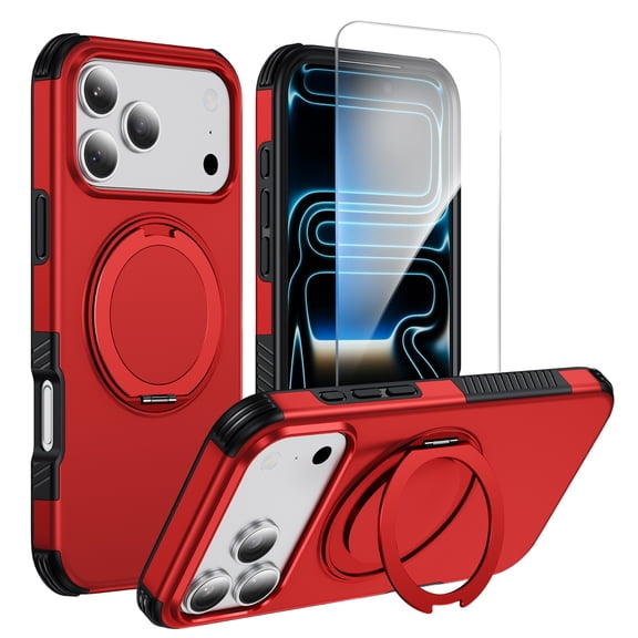 Mynvo Case for iPhone 17 Pro with Screen Protection, Built-in Ring Holder Kickstand Support Wireless Charging Slim Rugged Non-Slip Anti-Fingerprint Shockproof Magnetic Back Cover, Red
