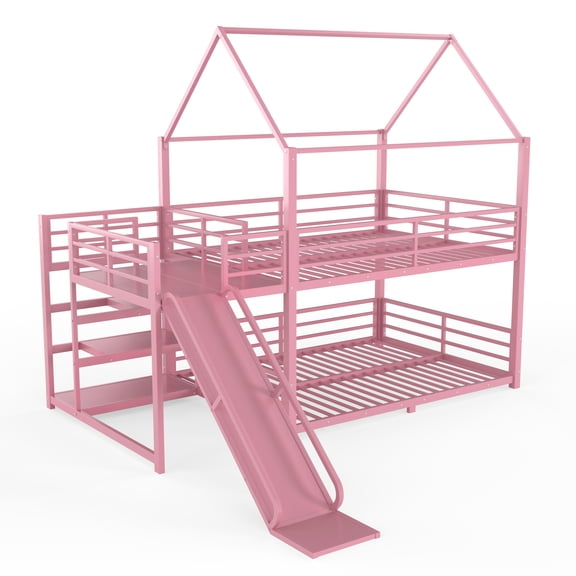 taoruifang Full Metal Bunk Bed with Storage Stairs and Slide Pink