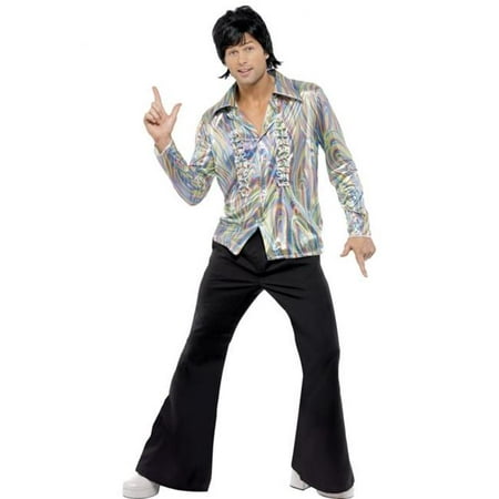 Smiffys 33841M Black 70s Retro Costume with Psychedelic Pattern, Shirt & Flares -