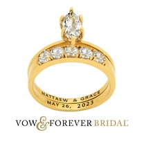 Vow & Forever Personalized Planet Bridal 14K Gold over Sterling Silver Marquise White Topaz 2-Piece Engraved Wedding Ring Set ,Women's