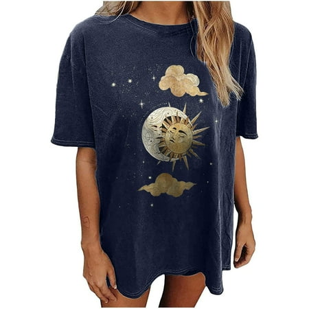 

summer tops for women Women Fashion Casual Short Sleeve O-Neck Sun Moon Printing Blouse T-shirt Tops Loose Maternity Shirts Gold L