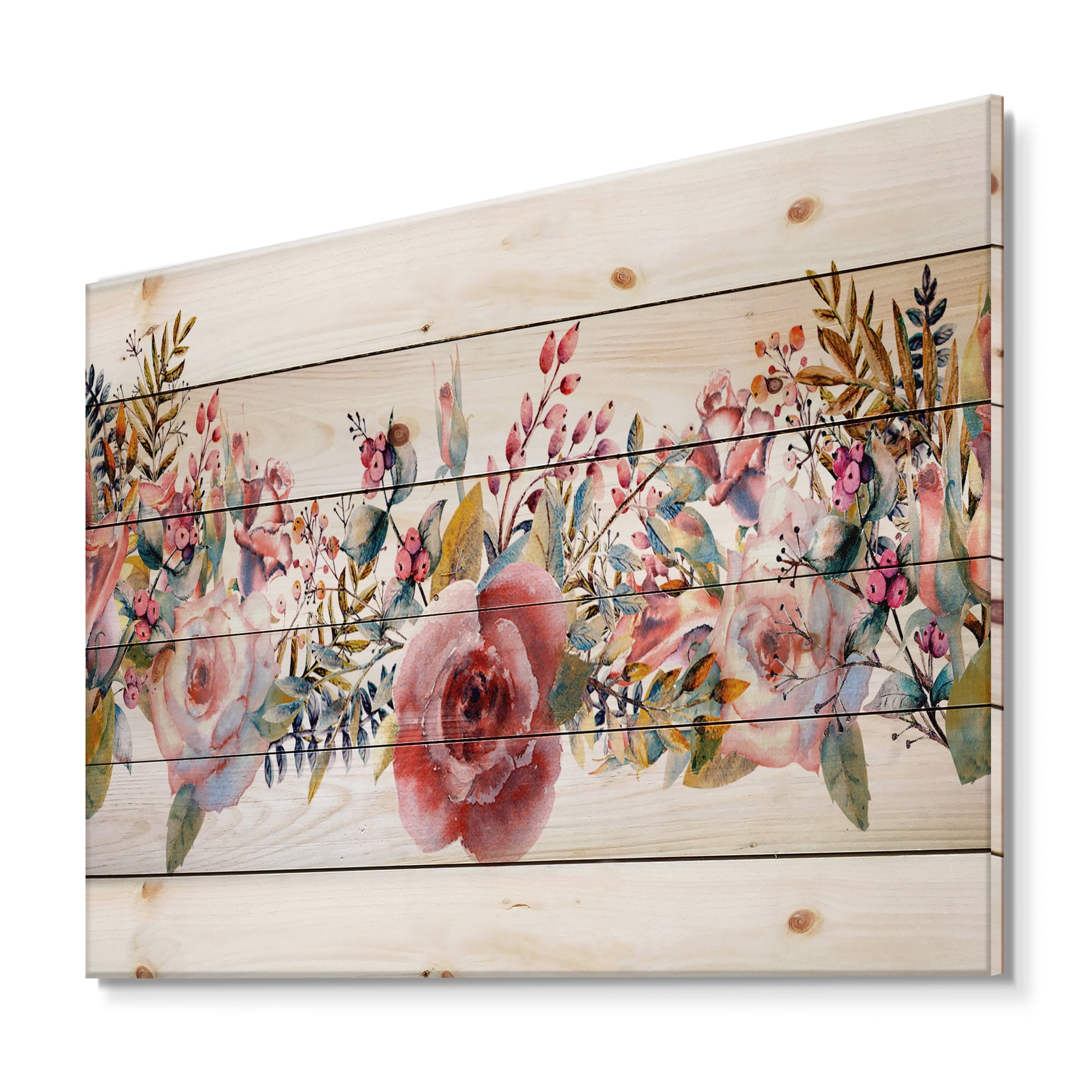Designart 'Wildflower and Pink Roses' Farmhouse Print on Natural Pine Wood
