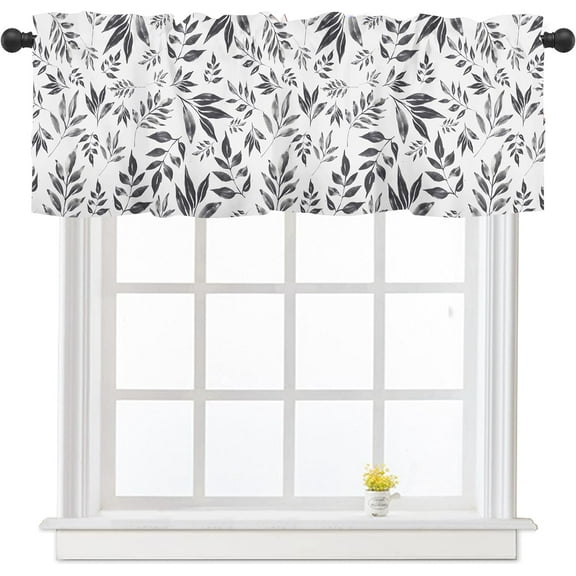 Spring Black White and Grey Leaves Kitchen Curtain Valances for Windows Summer Watercolor Leaf Window Curtains 54x18 Inch Short Rod Pocket Valance 1 Panel for Living Room Bathroom Decor