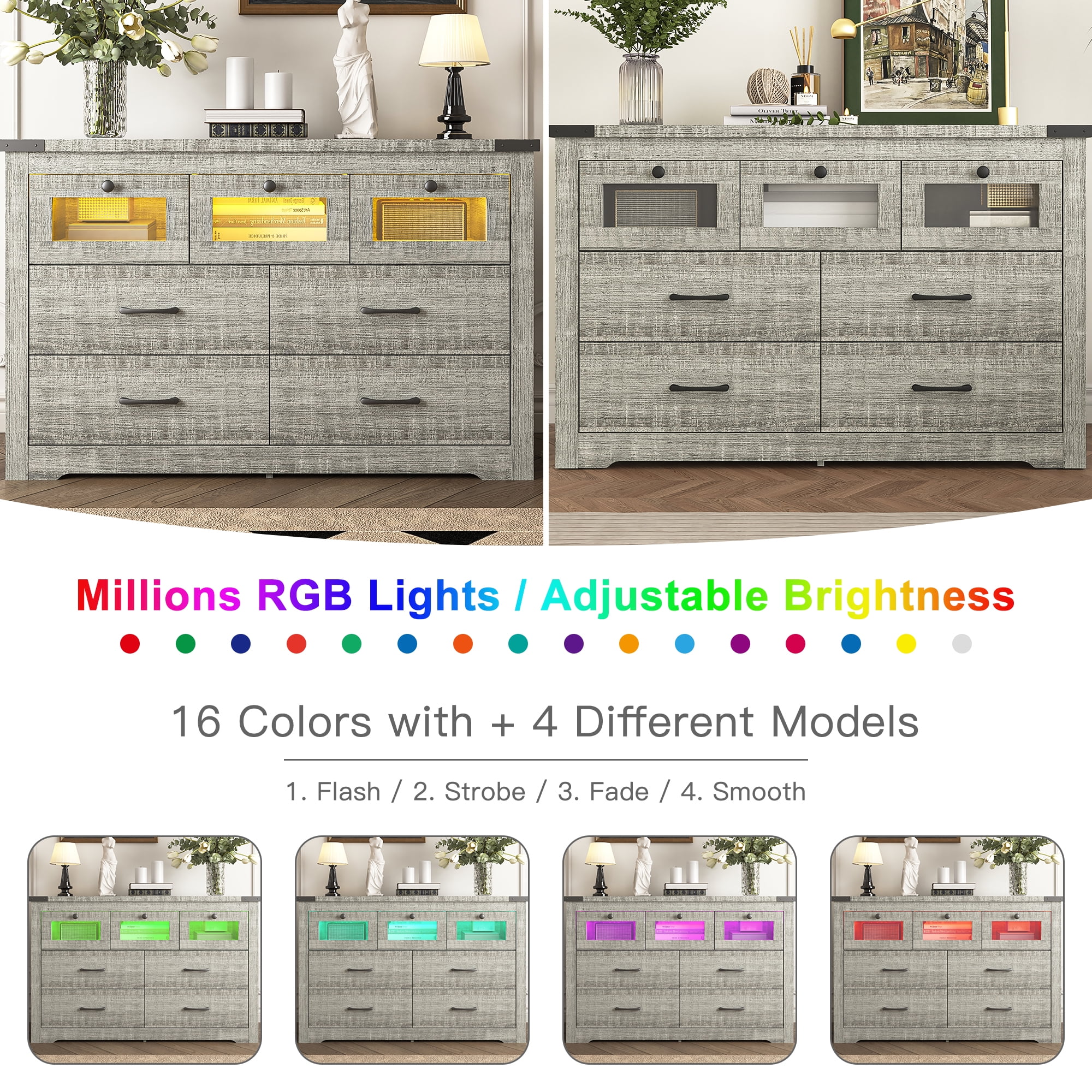 Resenkos Farmhousetic Wooden Led 7 Drawers Dresser for Bedroom, Industrial Gray Chest of Drawers Resenkos Farmhousetic Wooden Led 7 Drawers Dresser for Bedroom, Industrial Gray Chest of Drawers