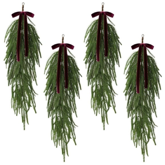 4 Pack 24 Inch Christmas Teardrop Wreaths with Rustic Velvet Ribbon Bow, Artificial Greenery Door Wall Decor for Porch Mantel Holiday Decoration
