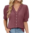 thumbnail image 1 of Eres Más Que una Camisa de Puntuación de Prueba Boho Top Manga Corta Cuello Redondo Blusa Suelta, Detalle de Encaje Color Sólido Desgaste de Verano Casual, Mezcla de Poliéster Spandex, 1 of 9
