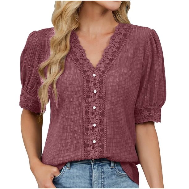 Eres Más Que una Camisa de Puntuación de Prueba Boho Top Manga Corta Cuello Redondo Blusa Suelta, Detalle de Encaje Color Sólido Desgaste de Verano Casual, Mezcla de Poliéster Spandex