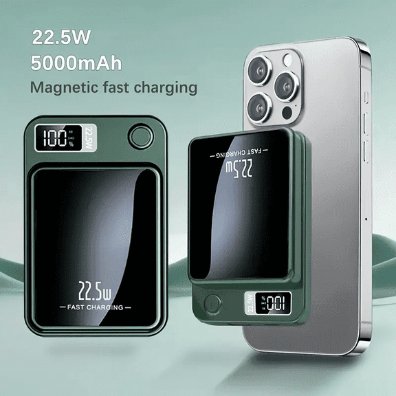 Magnetic Wireless Power Bank 22.5W Fast Charging with LED Display, Dual Input & 2-Port Output for iPhone 16/15/14/12/11 & Android