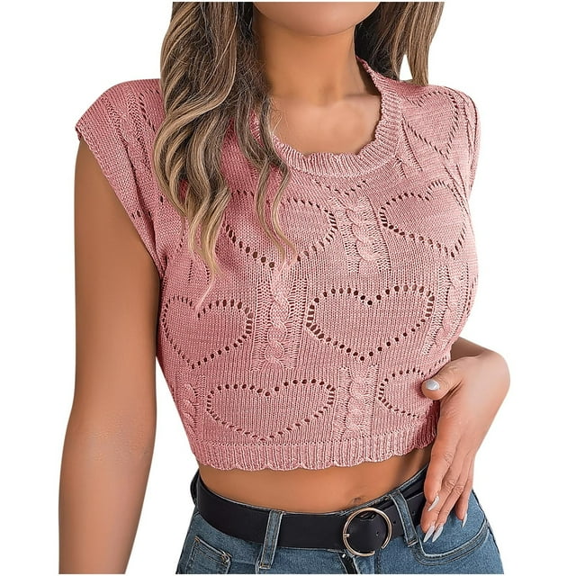 AherBiu Crop Tops pour Femmes Été Tricoté Crochet Couleur Unie Col Rond Manches Courtes Coupe Ample Pulls Tees