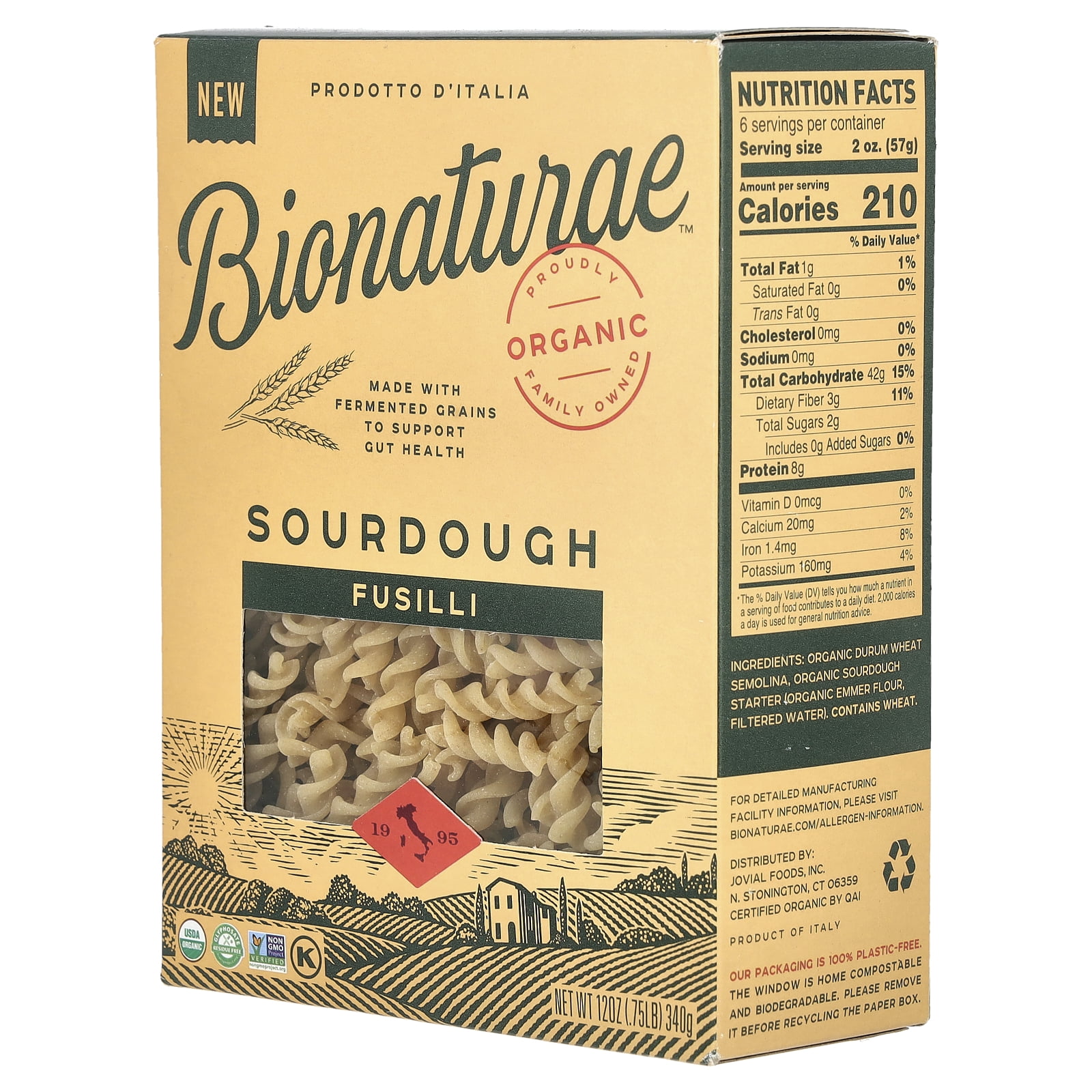 (6 pack) Bionaturae Organic Sourdough Fusilli Pasta, 12 oz, Non-GMO, Kosher Certified