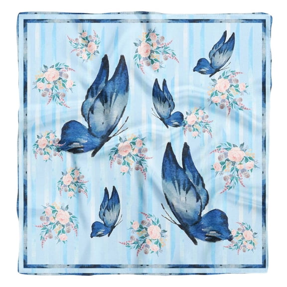 Phagun Blue Floral & Butterflies Artistic Pure Silk Printed Scarf Square Dupatta Head Neck Wrap Bandanas For Women