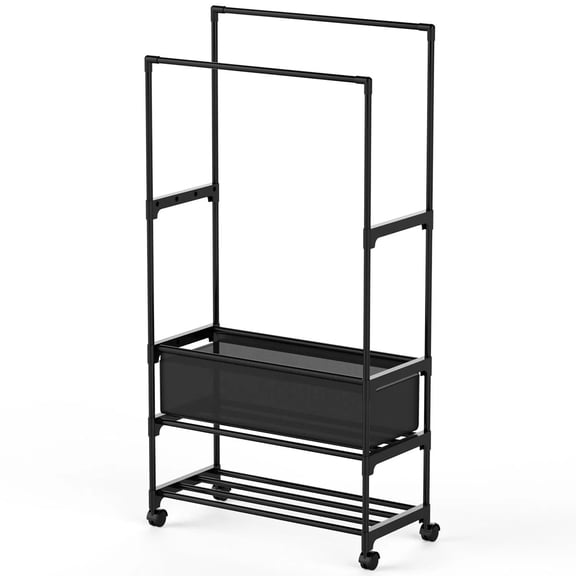 3-Tier Double Rod Clothing Rack with Non-Woven Storage Bag, Heavy Duty Iron Rolling Garment Rack with Lockable Wheels for Bedroom Entryway Laundry
