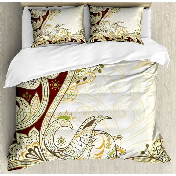 Ethnic Duvet Cover Set, Oriental Floral Leaf Pattern with Middle Eastern Design, Decorative 3 Piece Bedding Set with 2 Pillow Shams, Queen Size, Grey Yellow Chocolate, by Ambesonne