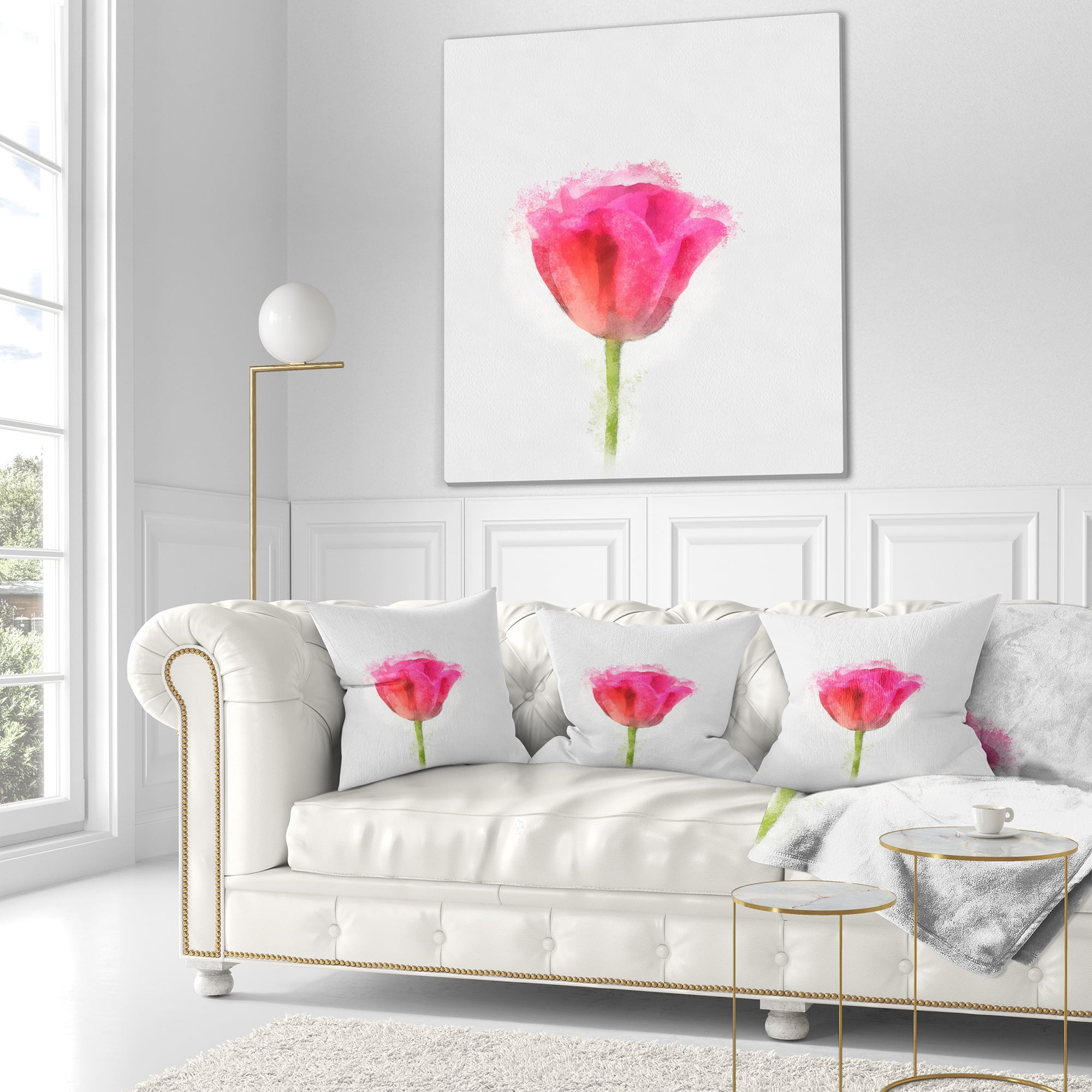 Designart Bloomy Pink Tulip on White Drawing - Flower Throw Pillow - 18x18