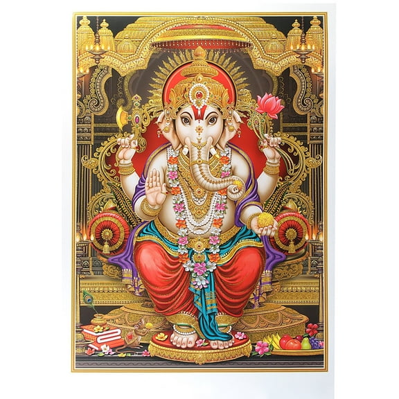 Bm Traders Ganesha Golden Zari Art Work Poster Without Frame (24 X 36 Inches)