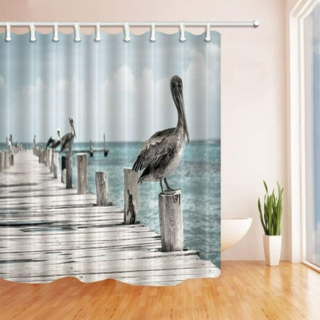 ARTJIA Birds Decor Pelicans on Wood of Bridge over Sea Polyester Fabric Bath Curtain, Bathroom Shower Curtain 66x72