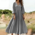 thumbnail image 2 of Hurxie Women Casual Boho V Neck 3/4 Sleeve Smocked Waist A Line Flowy Swing Midi Dress Smocked Long Dress Gray,2XL, 2 of 6
