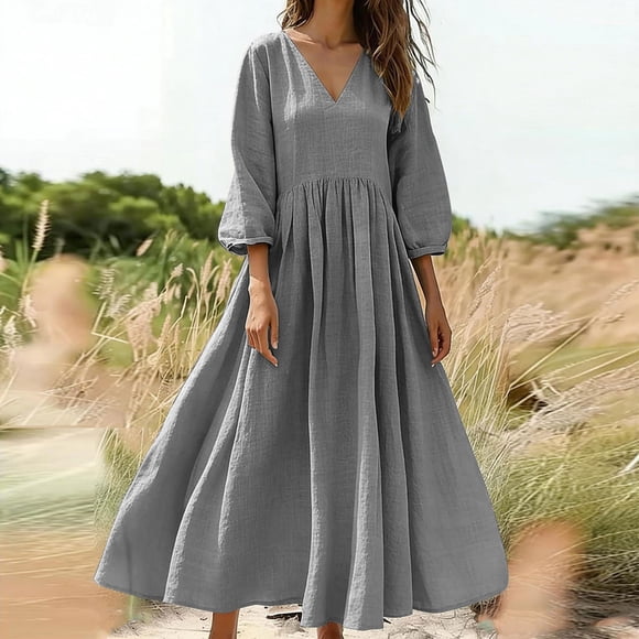 Mceream Maxi Dresses for Women Casual Summer Spring Smocked 3/4 Sleeve Floral Maxi Flowy Dresses Cotton Linen Loose Waist Vacation Beach Dresses Gray XXL