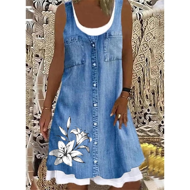 Women's A-Line Dress Fashion Floral Dot 3D Print Knee Length Dress Blue Sleeveless Spring Summer Casual Everyday Dress 20224XL Gao Jinjia LED