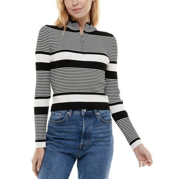Ultra Flirt Juniors' Quarter-Zip Ribbed Striped Sweater Black Stripe Size S