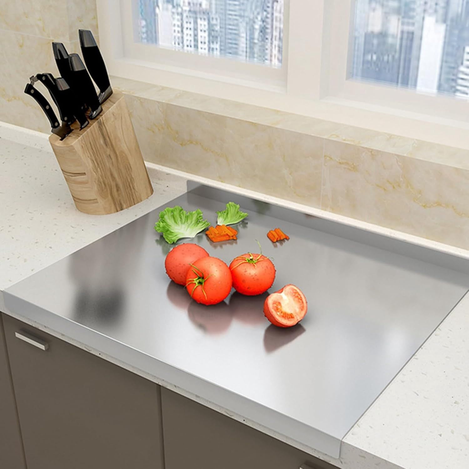 Stainless Steel Cutting Board with Lip for Kitchen Chopping Boards for Countertop Large Metal Cutting Board over Sink Suitable for Meat Fruits Vegetables Bread Noodle and Pizza Bamboo Knives