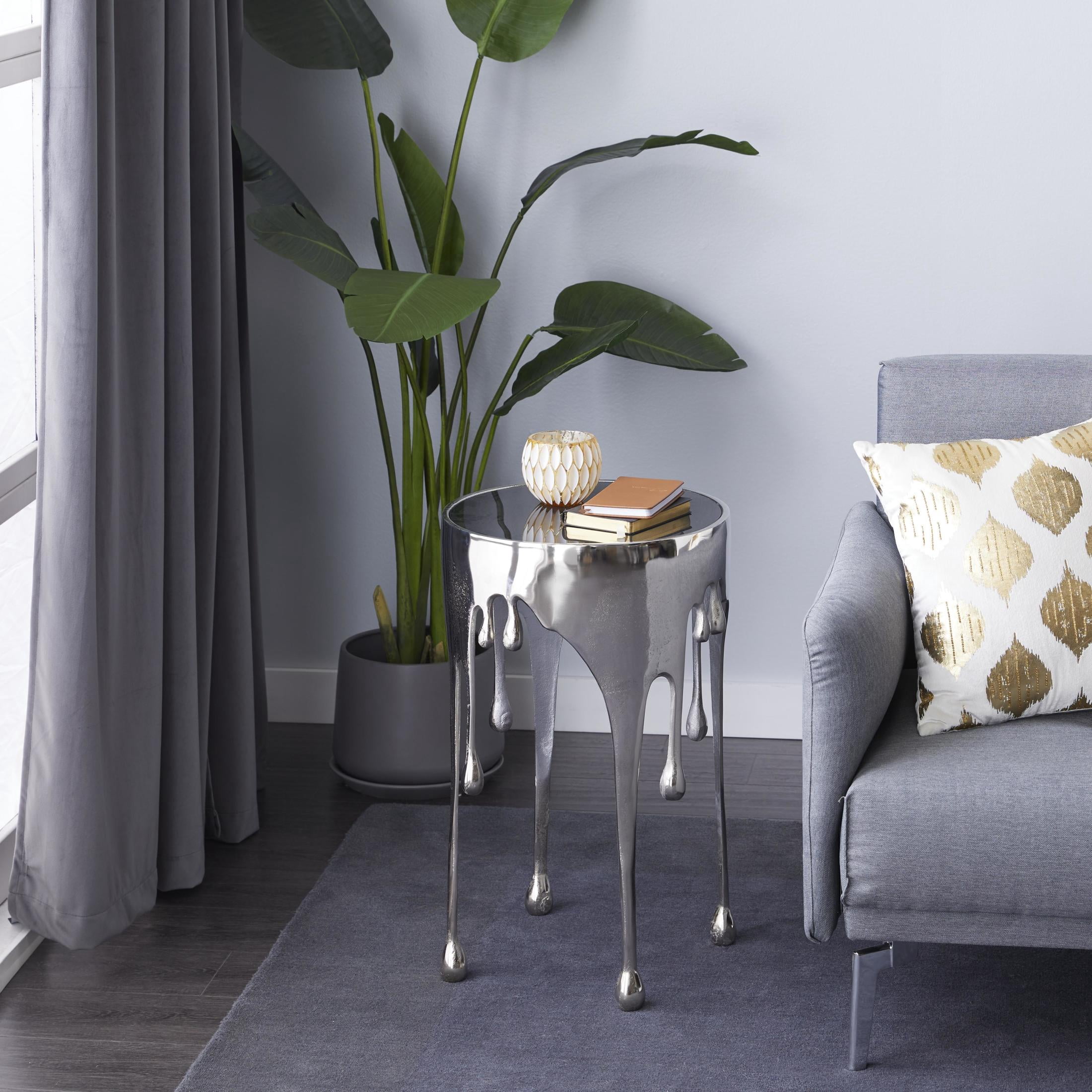 DecMode 16"W, 25"H Contemporary Accent Table with Tempered Glass Top, Raw Aluminum Finish with Melting Silver Design